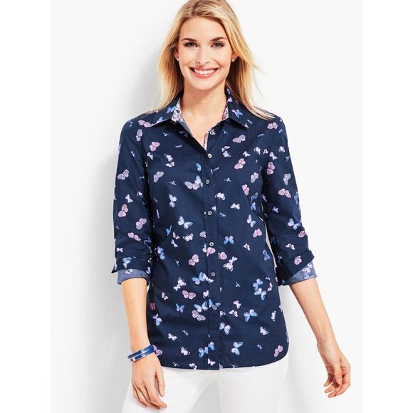 NWT Talbots Blue w/ Tossed Butterfly Print 100% Cotton Button Up Shirt Medium - Picture 1 of 9